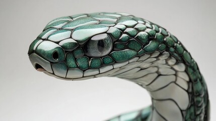 Close-up of a vibrant green and white snake head, studio shot against a neutral background