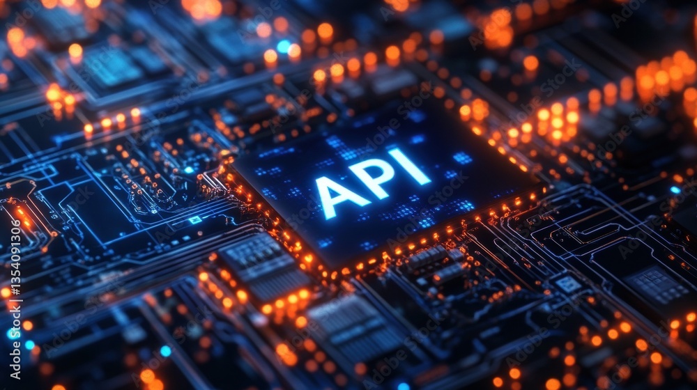 Poster floating api in a matrix-like digital environment with futuristic elements