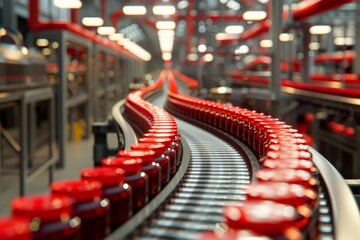 Automated conveyor line or belt in modern tomato paste in glass jars