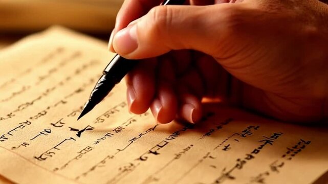 Hand Writing with Fountain Pen, with a Studious Mood, representing writing or calligraphy, on old paper background.