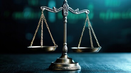 Close-up of ornate silver scale of justice with blurred green data streams in background symbolizing legal technology and cybersecurity law concepts
