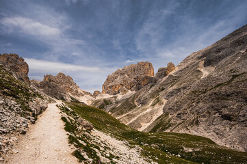 nature sceneries on the trail inside the Catinaccio mointain range, Vico di Fassa, Val di Fassa, Dolomites, Italy