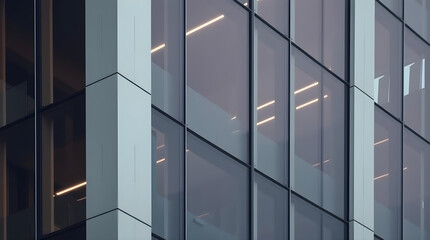 Modern glass office building exterior reflecting cityscape at dusk