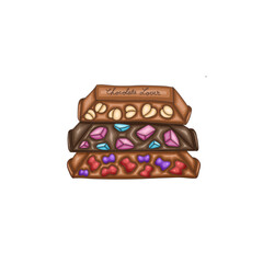 three bars of chocolate with nuts, gummies, and nougats.

