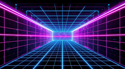 Neon futuristic retro grid corridor leading to world map displaying global data analysis