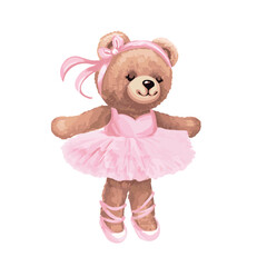  Cute bear doll ballerina in pink dress dancing. Vector illustration. © Alina