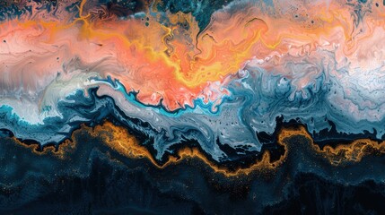 Abstract swirling patterns of vibrant colors resembling a cosmic landscape with fluid dynamics