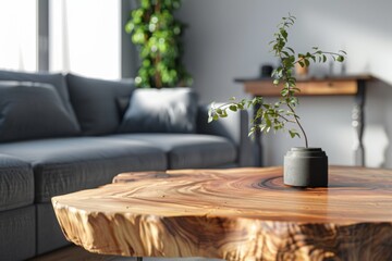 Close up of natural wood rustic live edge coffee table near grey sofa