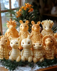 Whimsical bread animal sculptures on display in a festive bakery