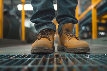 Close up of safety working shoe on worker feet standing in factory