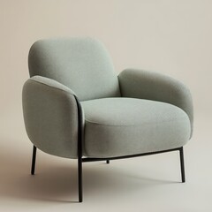 Single armchair in pastel mint green fabric, clean lines, black metal frame, photorealistic finish