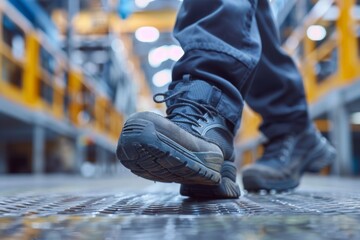 Close up of safety working shoe on worker feet standing in factory