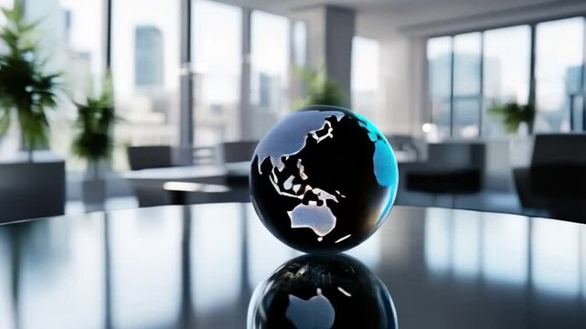 Rotating transparent globe, modern mood, on reflective surface, interior background