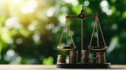 A balanced brass scale with stacks of coins sits elegantly on a wooden surface surrounded by blurred green foliage and warm, inviting sunlight.