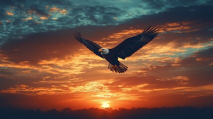 Obraz premium Majestic bald eagle in flight at sunset.