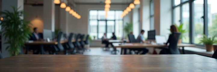 Modern office interior with professionals working at desks and natural lighting.