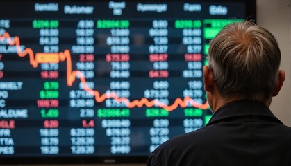 Investor analyzing fluctuating stock market data on digital display screen showcasing downward trends, finance concept of investment firms or financial advisors