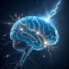 Obraz premium Electrified Intelligence: A Glowing Blue Brain with Neural Lightning