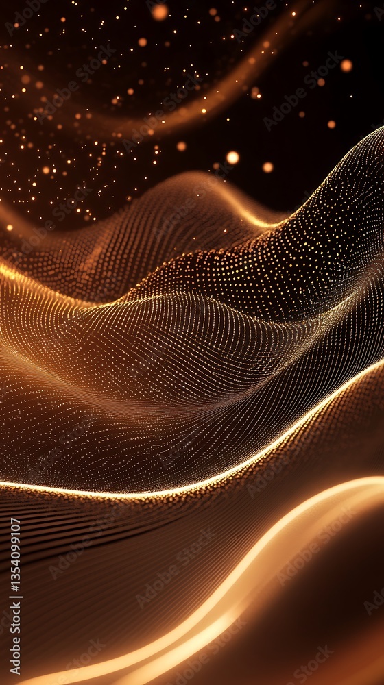 Poster abstract golden waves of light and particles digital art background