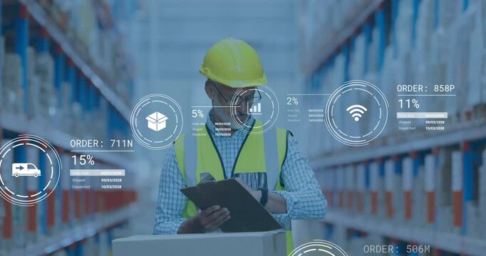 Warehouse worker checking smartwatch with digital data processing animation overlay - Powered by Adobe