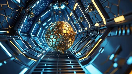 Futuristic metallic tunnel with glowing lights and a golden geometric sphere suspended in a high-tech environment

 - Powered by Adobe