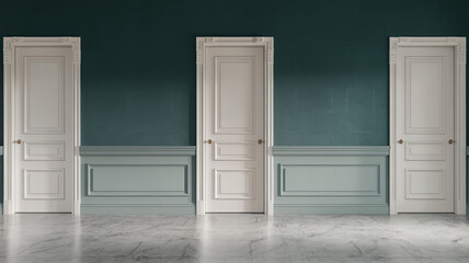 Fototapeta premium Three white paneled doors in ornate frames against a teal wall with wainscoting, marble floor showcases elegant interior design, ideal for home decor or architectural visualization