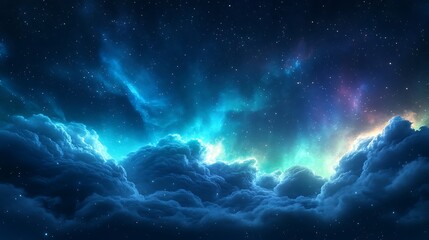 Above The Clouds Aerial View Of Fluffy White Cloudscape Under Starry Night Sky