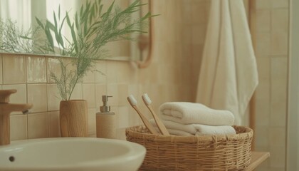 Cozy Bathroom with Reusable Bathroom Items Such as Bamboo Toothbrushes