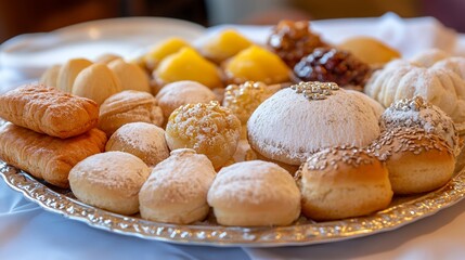 Assorted pastries on a silver platter with powdered sugar and decorative toppings displayed