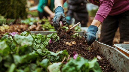 Community Garden Volunteers Making Compost Pile with Fresh Organic Waste