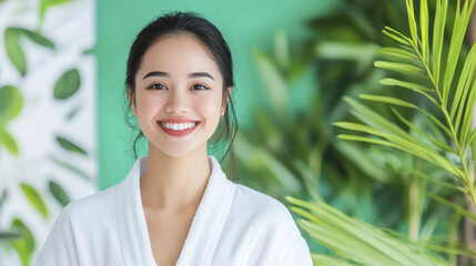 smiling woman in white robe stands in bright, green environment, radiating joy and tranquility