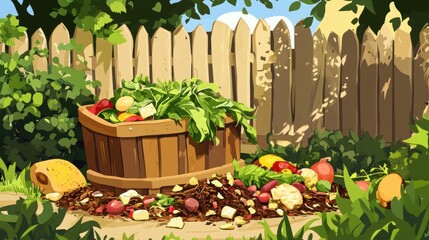 Backyard Compost Bin with Food Scraps Surrounded by Lush Garden Setting