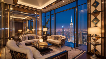 Fototapeta premium Modern golden living room with king size couch expansive glass windows displaying views of towering buildings and vibrant city skyline in contemporary art deco stylemodern art deco design