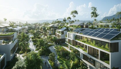 Futuristic Urban Area with Green Spaces and Solar Panels in Modern Design
