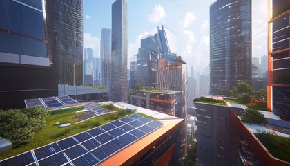 Futuristic Urban Area Featuring Solar Panels and Green Rooftops