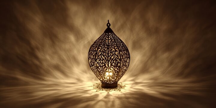 Ornate metal lantern casting intricate shadows in a dimly lit space with warm light - Powered by Adobe