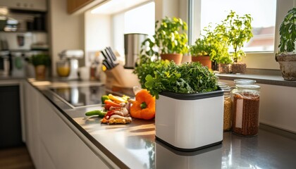 Modern Kitchen Counter with Small Compost Bin for Food Scraps and Herbs