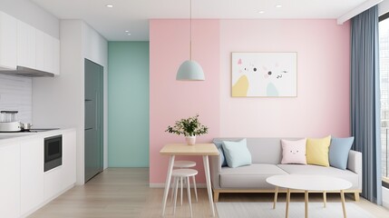 Charming stylish apartment living room urban location soft design cozy environment contemporary view