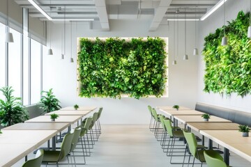 Fototapeta premium A clean coworking area with shared long tables, ergonomic seating, and vibrant green plants arranged neatly along the walls