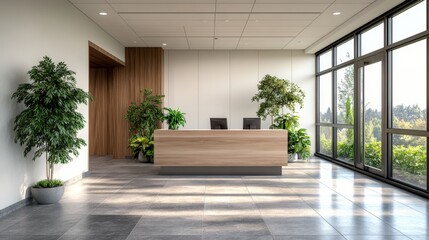 Modern minimalist office reception area featu light wood desk, lush potted plants, and expansive showcasing a vibrant green landscape view