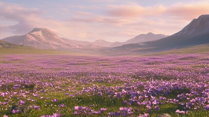 A scenic view of a field of purple flowers with mountains in the distance under a pink sky