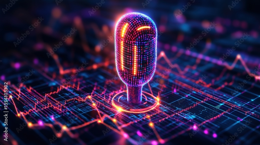 Poster a colorful digital rende of a glowing microphone floating above a vibrant circuit board with dynamic