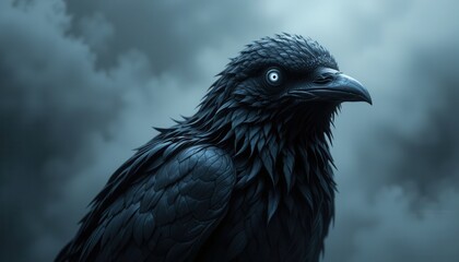 Fototapeta premium Glowing Eyes of Mystery An Eerie Black Crow in a Misty, Dark Setting