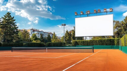 Outdoor tennis court with a blank billboard and bright sunlight on the court. Showcase your tennis brand or advertise local sports events easily.