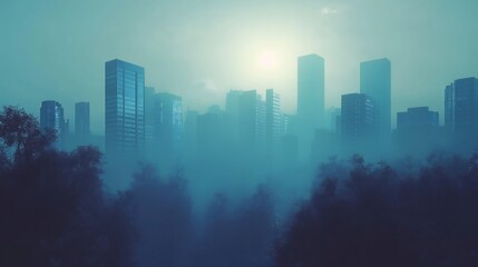 Fototapeta premium Misty Metropolis: A City Skyline Shrouded in Fog