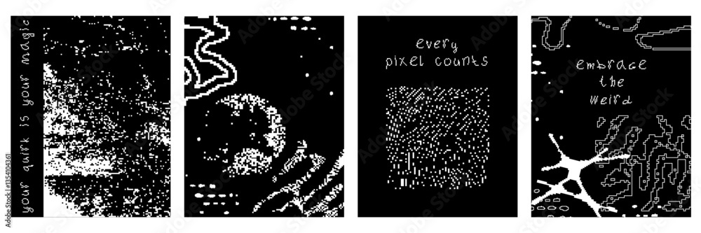 Fototapete set of poster with pixel art element and abstract bitmap shape. vector modern design in y2k aestheti