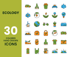 Ecology icon set with colored hand drawn style