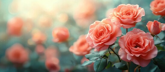 Peach roses in garden sunlight