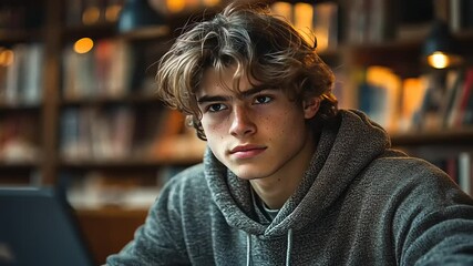 Young male student studying intently in a cozy library filled with books and warm lighting