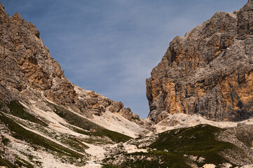 nature sceneries on the trail inside the Catinaccio mointain range, Vico di Fassa, Val di Fassa, Dolomites, Italy